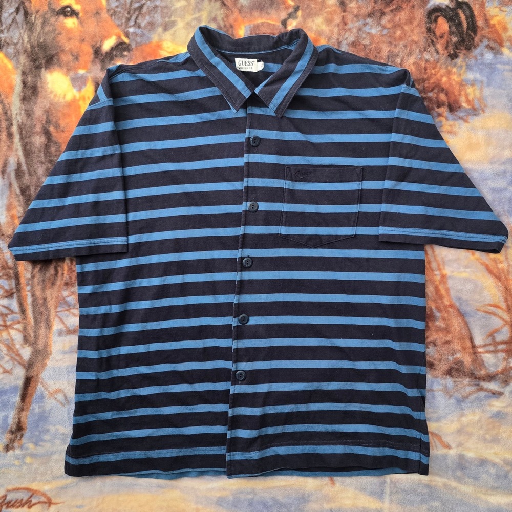 Guess Jeans 90s Made in USA Blue Navy Striped Vintage Button Up Shirt sz 2XL
